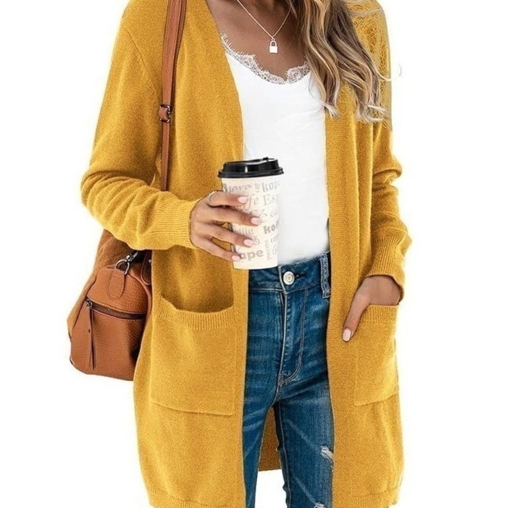 Marled Reunited Clothing Womens Mustard Yellow Open Front Longline Cardigan L